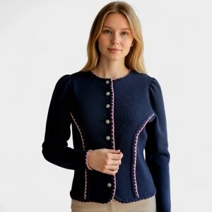 Vintage REINE SCHURWOLLE Pure New Wool Fitted Cardigan Alpine Pink Trim. Navy. M
